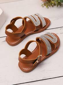 1 Paar Kleinkind Mädchen Große Größen Braune PU Leder Flache Sandalen, funkelnder Strass Dekor, verstellbarer Klettverschluss, offene Zehenpartie für den täglichen Lässig-Stil, Partys, Reisen, Frühling/Sommer