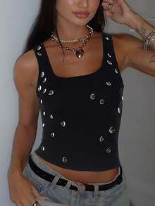 女士水滴钻石装饰短款吊带背心紧身性感无袖上衣