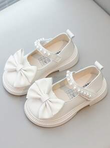 1 Pair Children Fashion Flat Shoes, Infant Toddler Princess Style Bow Decor Adorable Princess Shoes,White Faux Pearl Dance Shoes, Lightweight Non-Slip Breathable Indoor & Outdoor Casual Shoes - Beige - View 2