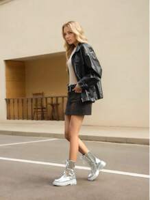 Women's Metallic Mid Calf Boots Platform Chunky Heel Silver Combat Boots Lace Up Metal Buckle Zipper - 銀色 - 查看 7