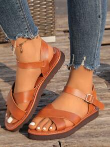 2025年夏季新款时尚厚底凉鞋，时尚百搭交叉复古休闲罗马凉鞋 - 棕色 - 查看 6