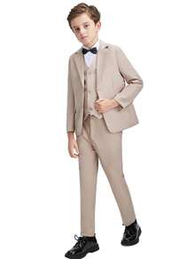 5pcs Boys Suit Set, Toddler Tuxedo Formal Wear, Ring Bearer Outfit, Wedding Suit Jacket, Vest, Pants, Shirt, Tie, Champagne Color, Size 6-14 Years - 香檳色 - 查看 4