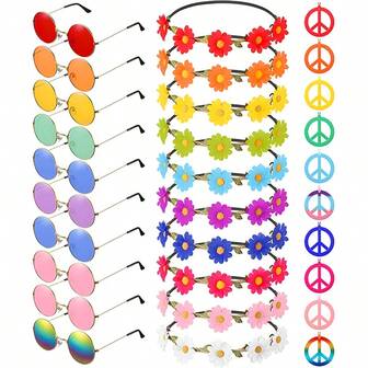 3pcs Hippie Style Accessories Set Includes 1pc Hippie Glasses, 1pc Peace Sign Necklace, 1pc Hippie Flower Headband, Suitable For 60s 70s Hippie Party