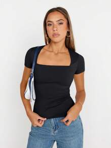 KAHULE Women's Square Neck Tops Short Sleeve Crop Tops Workout Summer Clothes Casual Slim Fit T-Shirts