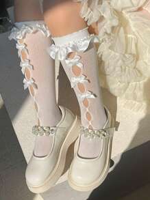 1 双儿童轻质镂空蝴蝶结袜子，甜美百搭的春夏季中筒袜