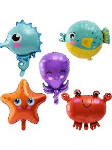 5pcs Sea Animal Balloons Crab, Sea Star, Pufferfish, Sea Horse, Octopus Foil Balloons For Birthday Under The Sea Theme Party Supplies