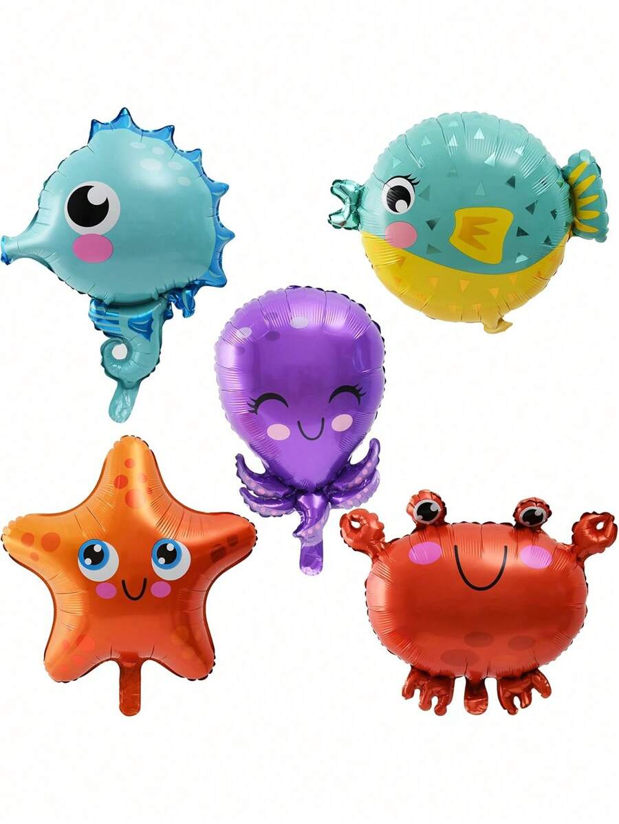 5pcs Sea Animal Balloons Crab, Sea Star, Pufferfish, Sea Horse, Octopus Foil Balloons For Birthday Under The Sea Theme Party Supplies