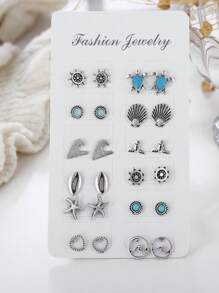 12 Pairs Bohemian Vintage Earrings With Starfish, Turtle, Fish Tail Designs, Everyday Wear Creative Earrings - Silver - View 3