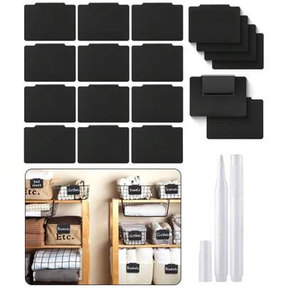 6/12pcs Basket Labels Clip On With Chalk Markers,Removable Storage Bins Chalkboard Labels,Reusable Storage Bins Pantry Labels Clip,Black Plastic Clip