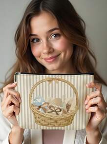 1 pieza Bolsa de cosméticos con estampado de lino de conejito de Pascua, hermosa bolsa de maquillaje de viaje y monedero multipropósito, regalo práctico y ligero para mujeres