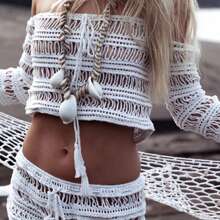 Swimwear Cover Up,Sexy Fashion Beach Hand Crochet Shawl Capelet Cover Up Sunscreen Net Triangle Fishnet Skirt - trắng - Xem 4