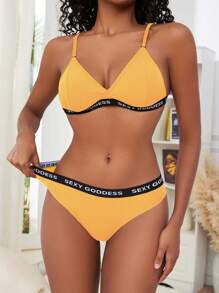 1 Set Women's French Style Sexy Lightweight Solid Color Letter Breathable Deep V Bra And Panty Lingerie Set - Yellow - View 4