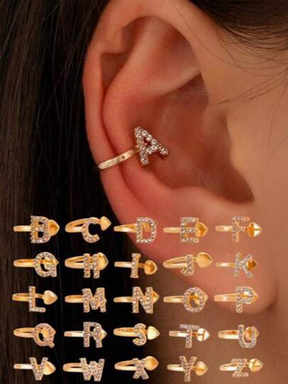 1pc A-Z 26 English Letter Earcuff, Simple No Piercing Ear Cuff, High-End Rhinestone U-Shaped Clip On Earrings, Suitable For Women