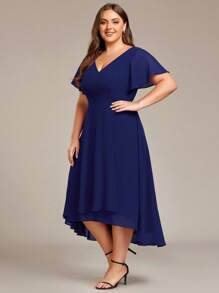 EVERPRETTY Plus Size Elegant High Low Flowing Chiffon V-Neck Ruffle Sleeves Bridesmaid Dress - Navy Blue - View 4