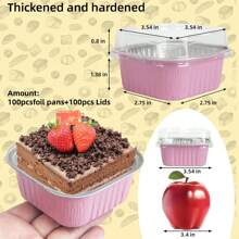 200pcs Baking Cups Aluminum Foil With Lids (100 Pans + 100 Lids), 5oz Square Cupcake Mini Cake Pans For Muffins, Desserts, Flans, Pudding & Party Food Display, Picnics Weddings - 粉色 - 查看 2