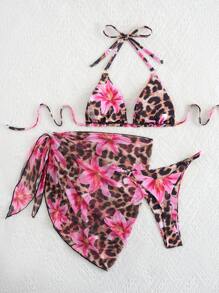 Allurini 2025 Summer Beach 3 PiecesBikini Set, Sexy Tie-Up Triangle Bra, Cover-Up Sarong & Thong Swimwear, Printed Pattern Swimwear Elegant - Multicolor - View 4