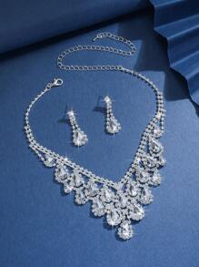 3pcs Geometric Rhinestone Water Drop Tassel Pendant Necklace & Earring Jewelry Set For Women