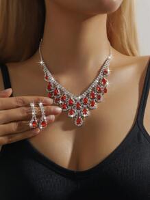 3pcs Geometric Rhinestone Water Drop Tassel Pendant Necklace & Earring Jewelry Set For Women