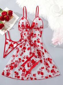 Camisón de malla y encaje sexy para mujer con lencería ajustada cómoda y conjunto de tanga a juego