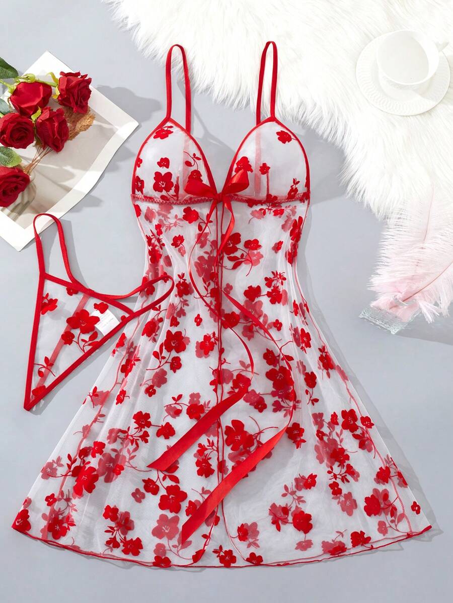 Camisón de malla y encaje sexy para mujer con lencería ajustada cómoda y conjunto de tanga a juego