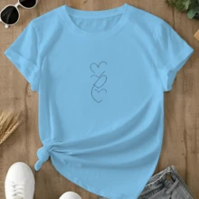 Camiseta Feminina Algodão Estamp Coração Fileiras T-shirt Romântica Delicada - Azul bebê - Visão 2