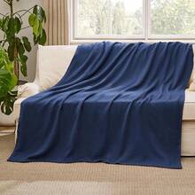 % Cotton Twin XL Size Bed Blanket - Breathable, Lightweight, Soft Cozy Herringbone Woven Summer Blanket College Dorm, White, 66x90 Inches - 05 - 海軍藍 - 查看 3