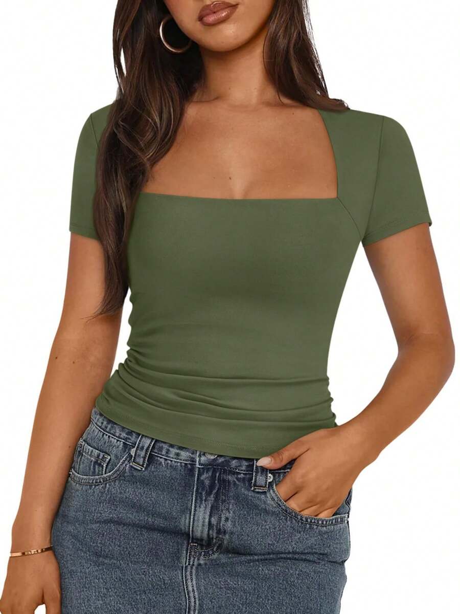 KAHULE Women's Square Neck Tops Short Sleeve Crop Tops Workout Summer Clothes Casual Slim Fit T-Shirts - 軍綠色 - 查看 1