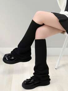 1 Pair Y2K Solid Color Casual Versatile Warm Knitted Leg Warmers - Black - View 4