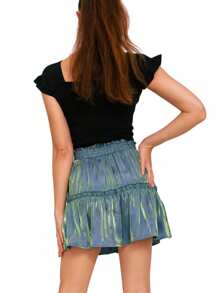 Women's Boho Short Skirt, Casual Elastic Waist Solid Color/Laser Print Ruffle Flared A-Line Skater Mini Skirt - Green - View 4