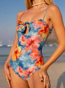 Cute Rococo Style Flower Print Ruffled Halter Strap Detachable One-Piece Swimsuit, Casual Summer Vacation Beach Wear - Multicolor - View 4