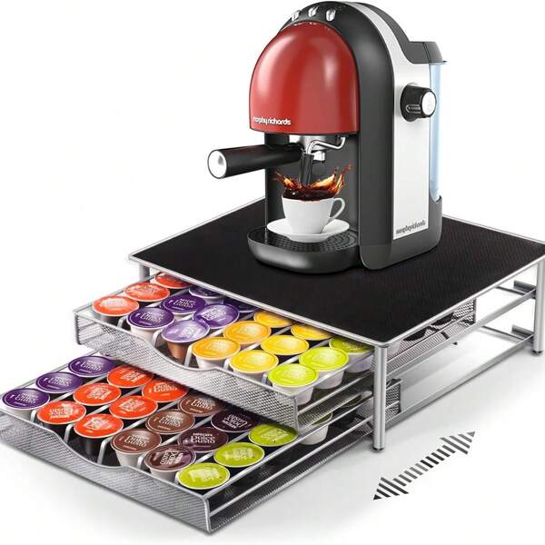 Porte-Capsules 72 PCs, Rangement Dosettes avec Support de Machine à Café et 2 Tiroirs Coulissants, Distributeur Capsules de Grande Capacité, Noir