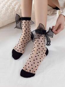 1/2/4 Pairs Lace Trim Sheer Glass Silk Knee High Socks, Transparent Crochet Lolita Socks, Thin Mesh Bow Ankle Socks, Women Hosiery Stockings - Multicolor - View 9