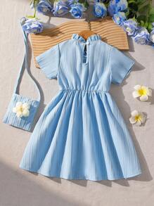 2 件套，女孩时尚简约 3D 花裙 + 配套 3D 花手提包