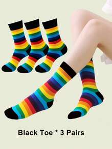1/3/7 Pairs Women Colorful Fashion Horizontal Striped Rainbow Mid-Calf Socks, Suitable For Casual Daily Wear - Multicolor - View 16