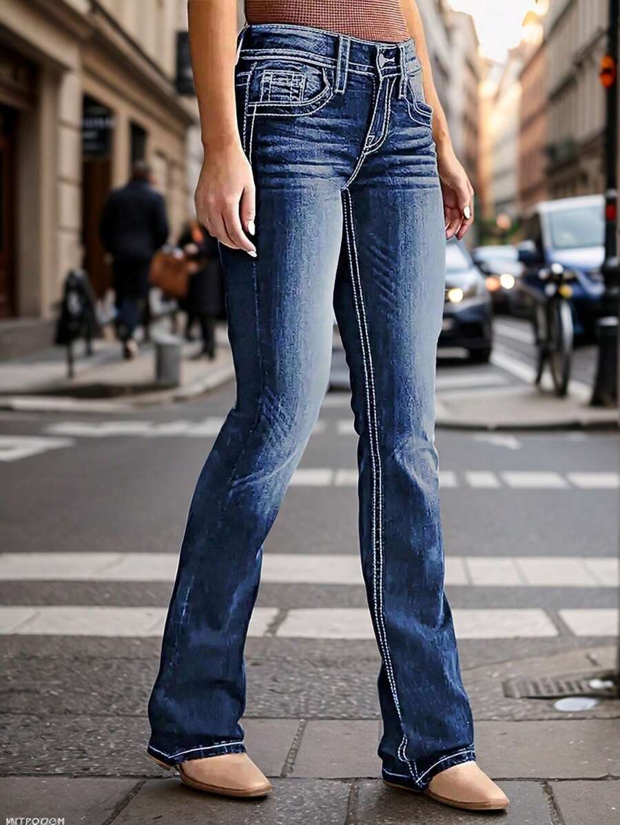 Ladies' Elegant Mid Waist Flared Jeans With Exquisite Pocket Design, Suitable For All Seasons, Perfect For Daily Outings, Cocktail Party, Party, Christmas, Nightclub, Banquet, Film Festival, Cinema, Dance Party, Cocktail Party, Bar, Wedding, Graduation Ceremony, Back-To-School, Birthday Party, Rebellious Girl, Festival-Themed Party, Outwear, Street Fashion, Fashion Show, Date, Easter, Mother's Day, Going To Work At University, School, Village, Concert, Street Girl, Young Girl, Country Outfits For Women, Best Outwear For Women, Women's Vacation Clothing, Country Concert Outfit, Country Outfits For Women, Streetwear, Concert Outfit For Women, Boho Women's Clothing, Country Concert Outfit, Concert Outfits, Vaquera Outfit, Y2K Clothes, Women's Club Outfits, Y2K Women's Clothes, Women's Clothing, Country Concert Outfit For Women - 深藍色 - 查看 1