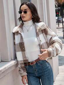 Cazadora Teddy Con Patrón De Cuadros De Hombros Caídos,Cazadora Teddy Con Estampado,Chamarra Para Mujer,Chaqueta ,Abrigo - Café integral - Ver 5