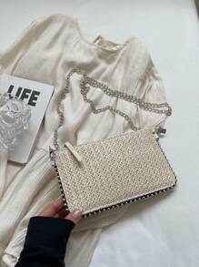 Summer Fashionable Charm Women Mini Beaded Woven Handbag, 2025 New Floral Straw Crossbody Envelope Bag