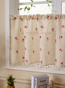 1 件复古樱桃刺绣流苏薄纱窗帘，轻质农舍风格咖啡厅窗帘，适用于厨房、客厅、办公室家居装饰 - 紅櫻桃 - 查看 9