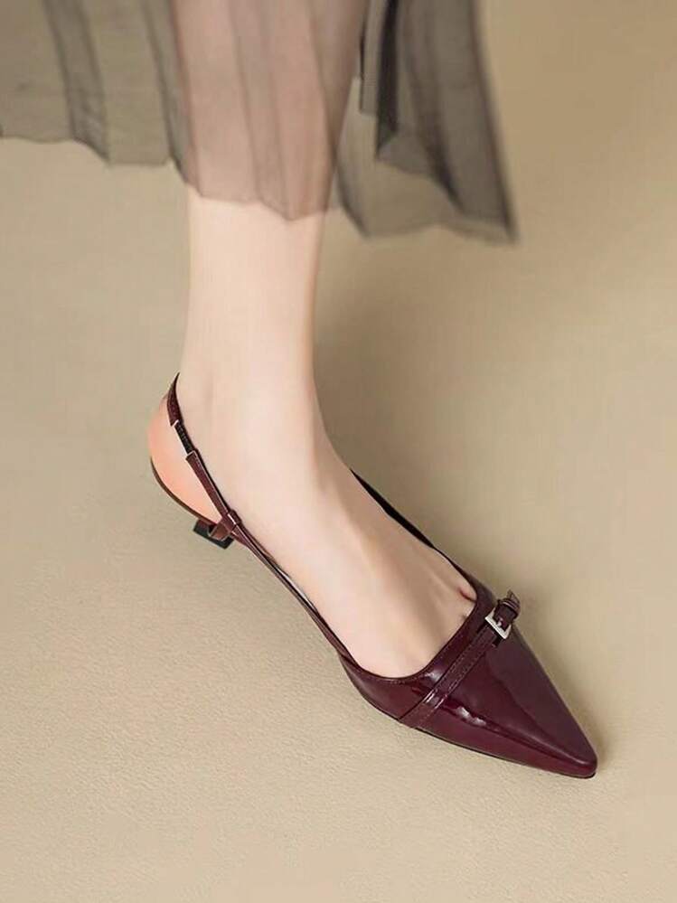 Sapatos de Salto Médio Sexy de Bico da Moda Feminina, Sapatos de Couro Envernizado Brilhante para Festas e Ocasiões, Sapatos de Salto Alto de Verão, Vinho Tinto - Vinho - Visão 4