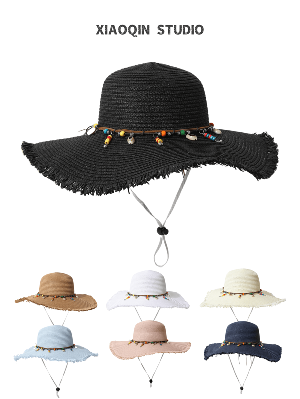 1pc Women's Colorful Bead & Tassel Decor Wide-Brimmed Straw Hat, Fashion, With Drawstring, Breathable, Suitable For Daily Wear, Beach, Travel, Photography, Spring/Summer