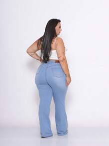 Women's Plus Size Light Blue Flare Jeans With Ribbed Stitching And High Waist - Baby Blue - View 5