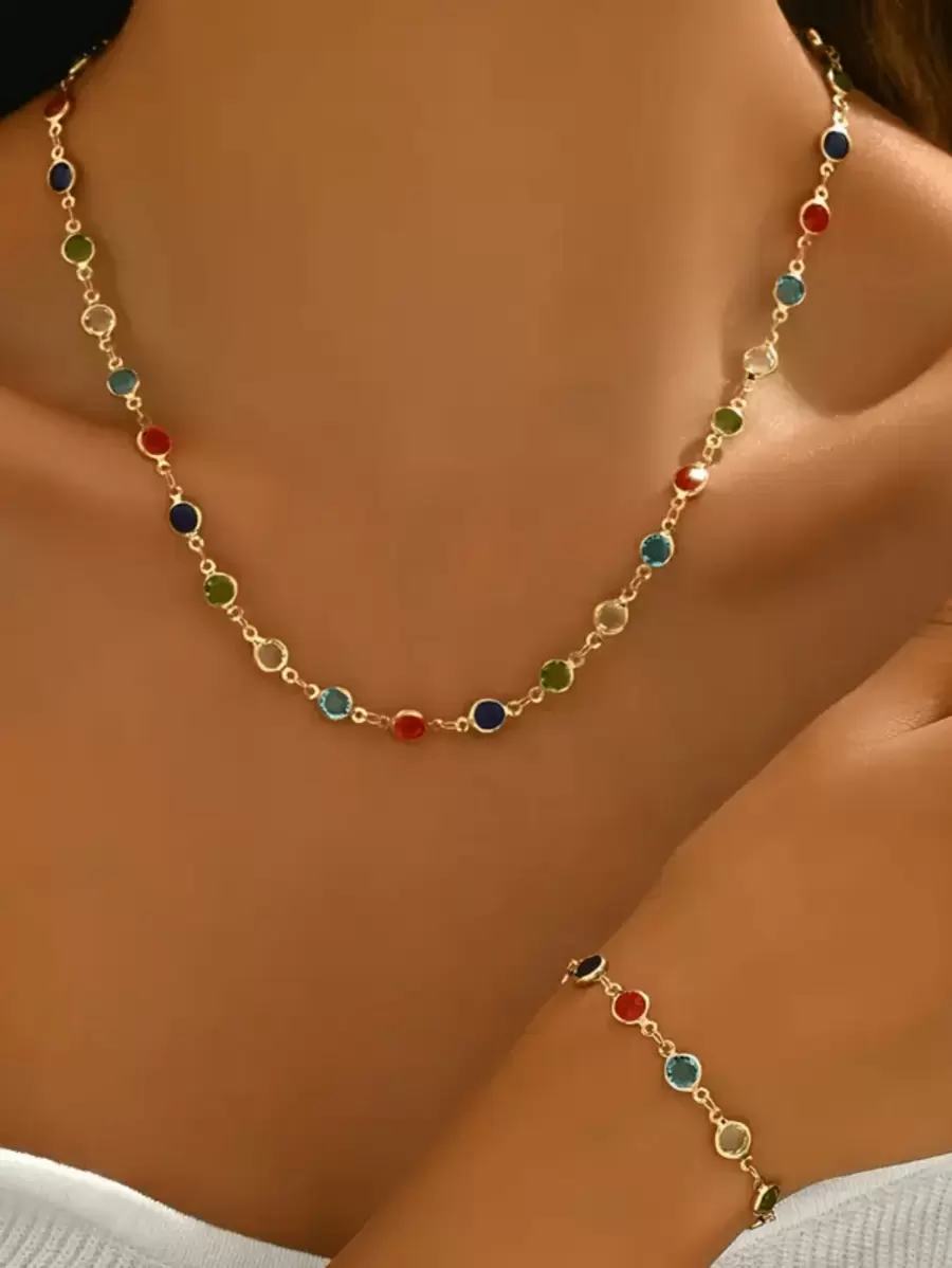 1 Set Boho Style Multicolor Glass Necklace And Bracelet, Versatile For Daily Wear And Party - Color - View 1