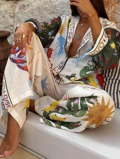 Women's All-Over Print Shirt And Pants Shirt And Elastic Waist Trousers Set Summer Outfits For Women