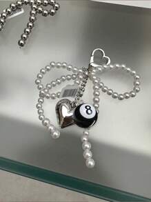 Black Number 8 Billiards Ball Heart Charm Elegant Silvery Heart & Faux Pearl Bow Pendant Y2K Accessories Bows