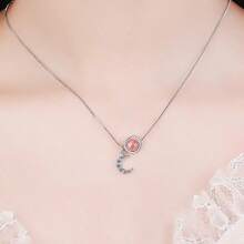 1pc 925 Silver Minimalist Sweet Pink Strawberry Crystal Sun & Moon Necklace, Short Clavicle Chain Suitable For Daily Wear, Comes In Gift Box - Moon Necklace - View 2