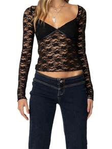Women's Spring Sheer Blouses Long Sleeve Sweetheart Neck  Lace Party T-Shirts - Black - View 2
