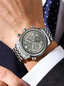 1 件时尚男士石英表，不锈钢多功能日期计时防水夜光指针手表，适合商务场合的腕表 - 銀色 - 查看 10