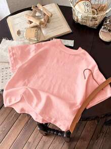 女童可爱印花圆领短袖T恤，休闲T恤，适合外出、聚会和夏季日常穿着 - 粉色 - 查看 5