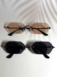 015835340007 2 chiếc kính râm nam gọng đen ánh kim hình lục giác nhỏ màu sâm panh, phối màu chuyển sắc, thích hợp cho đường phố, bãi biển, đi làm hàng ngày, phong cách du lịch cổ điển (kèm dây đeo và khăn lau). - 1*Đen/Hồng sâm panh+1*Đen/Xám - Xem 5