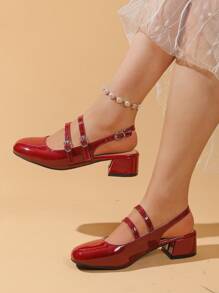 2025 New Red High Heels With Rear Strap, Niche Square Toe Ballerina Shoes, Thick Heel Low Heel Low Vamp Flats, French Retro Patent Leather Little Red Shoes